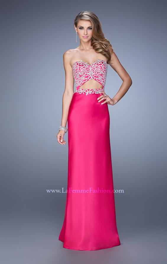 Picture of: Elegant Satin Dress with Sheer Straps and Waist Cut Outs in Hot Pink, Style: 21458, Main Picture