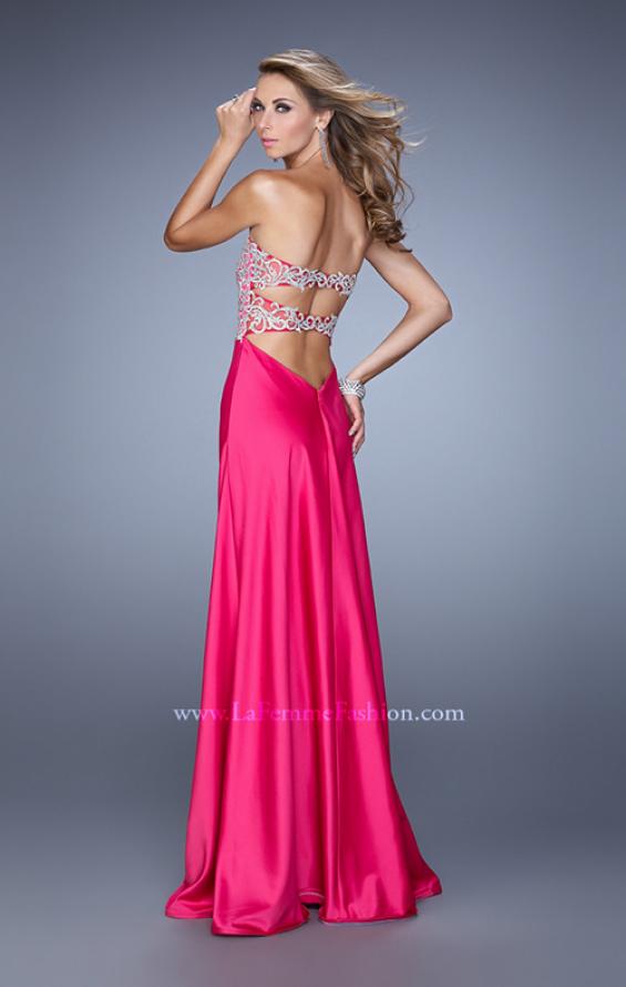 Picture of: Elegant Satin Dress with Sheer Straps and Waist Cut Outs in Hot Pink, Style: 21458, Back Picture