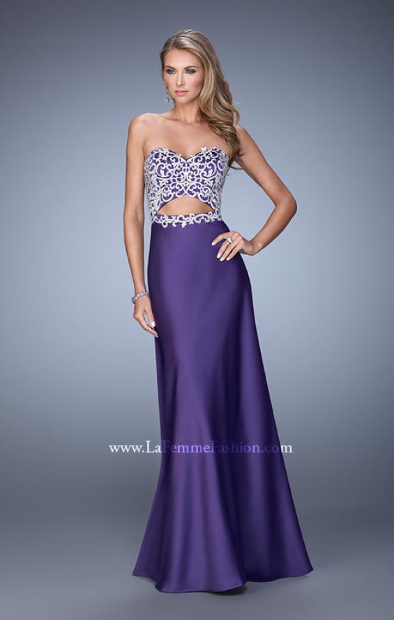 Picture of: Elegant Satin Dress with Sheer Straps and Waist Cut Outs in Purple, Style: 21458, Detail Picture 1