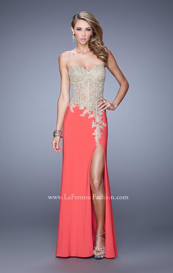 Picture of: Strapless Prom Dress with Corset Bodice and Beading in Orange, Style: 21472, Detail Picture 1