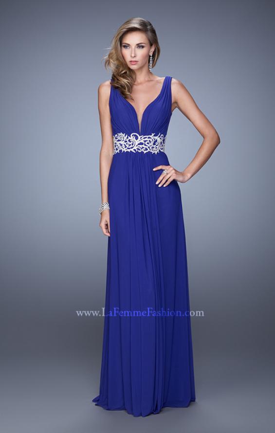 Picture of: Net Jersey Dress with Ruched Bodice and Open Back in Blue, Style: 21475, Detail Picture 4