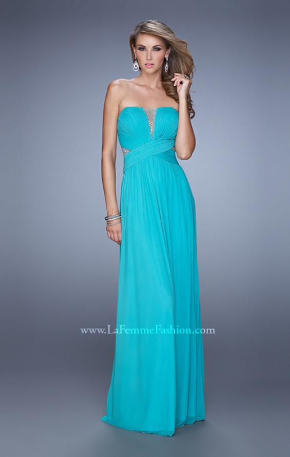 Picture of: Net Jersey Dress with Gathered Bodice and V Neckline in Teal, Style: 21483, Detail Picture 2