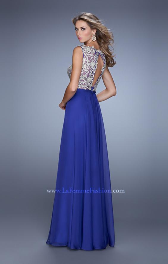 Picture of: Chiffon Gown with Sheer Detail and Keyhole Back in Blue, Style: 21503, Back Picture