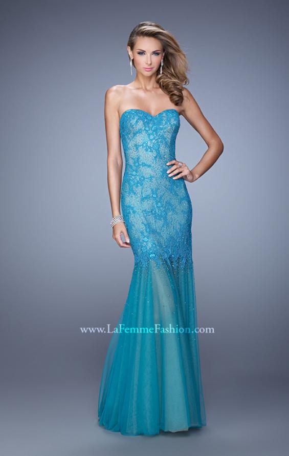 Picture of: Lace Sheer Tulle Skirt Prom Dress with Rhinestones in Teal, Style: 21504, Main Picture