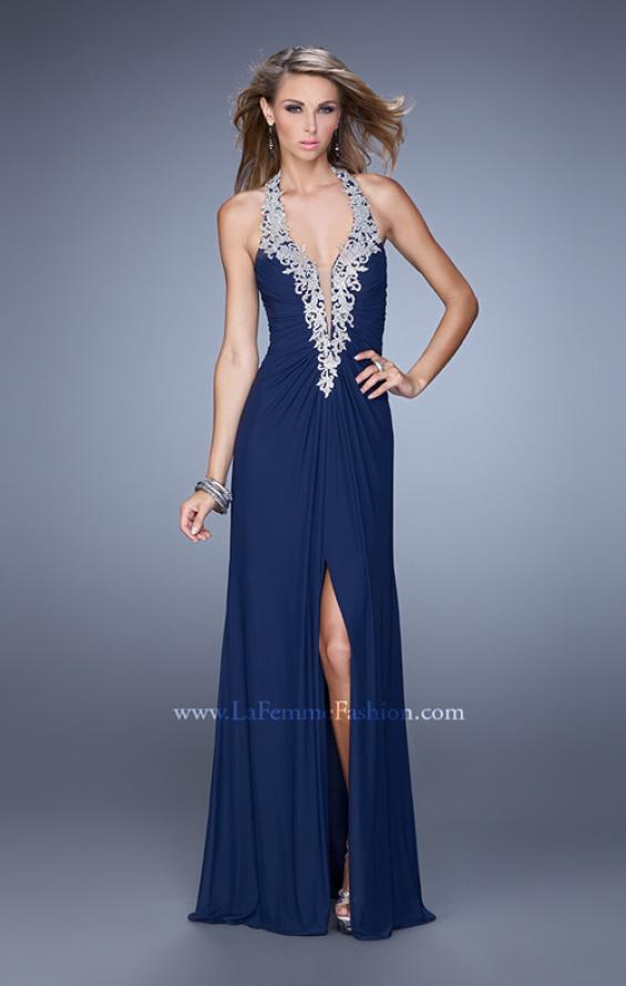 Picture of: Halter Prom Dress with Gathered Bodice and Center Slit in Navy, Style: 21513, Main Picture