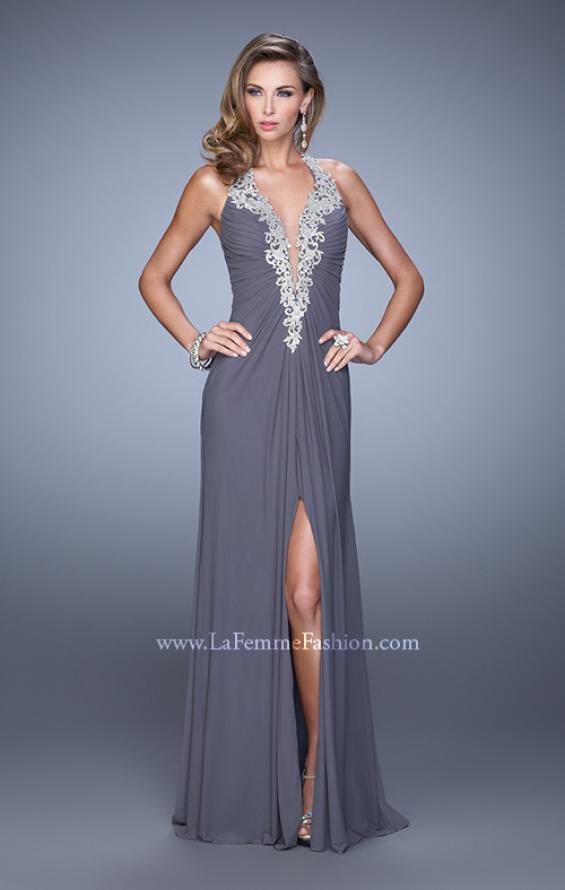 Picture of: Halter Prom Dress with Gathered Bodice and Center Slit in Gray, Style: 21513, Detail Picture 1