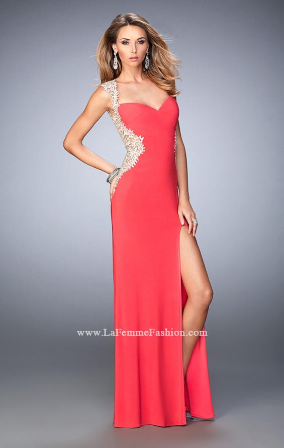 Picture of: Glam Jersey Prom Dress with Front Slit and Lace in Orange, Style: 21518, Main Picture