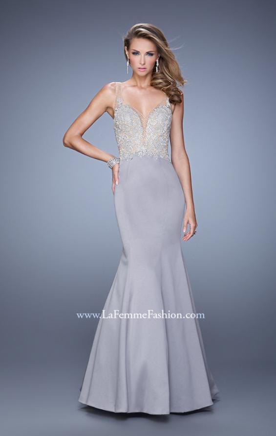 Picture of: Satin Mermaid Dress with V Neck and Metallic Detail in Silver, Style: 21522, Main Picture