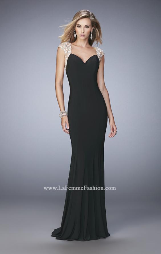 Picture of: Long Jersey Prom Dress with Lace Applique Sleeves in Black, Style: 21529, Detail Picture 1