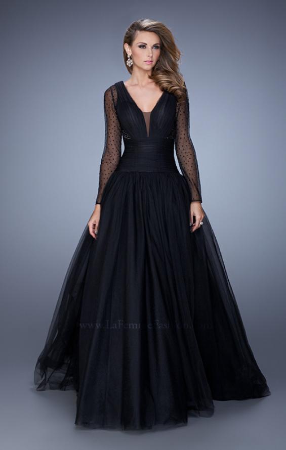 Picture of: Vintage Inspired Tulle Gown with Sheer Beaded Sleeves in Black, Style: 21539, Main Picture