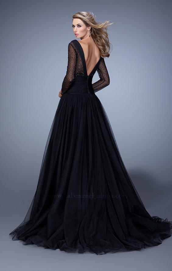 Picture of: Vintage Inspired Tulle Gown with Sheer Beaded Sleeves in Black, Style: 21539, Back Picture
