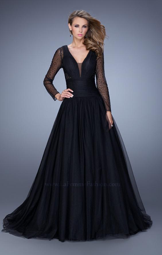 Picture of: Vintage Inspired Tulle Gown with Sheer Beaded Sleeves in Black, Style: 21539, Detail Picture 1