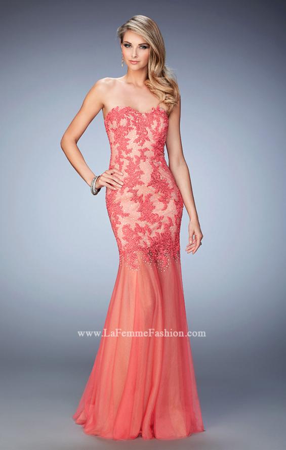 Picture of: Net Mermaid Prom Dress with Sheer Skirt and Rhinestones in Coral, Style: 21604, Detail Picture 1