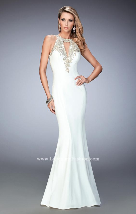 Picture of: Jersey Mermaid Gown with Metallic Lace Appliques in White, Style: 21607, Main Picture