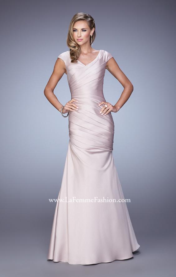 Picture of: V Neck Satin Evening Dress with Cap Sleeves in Champagne, Style: 21610, Detail Picture 1