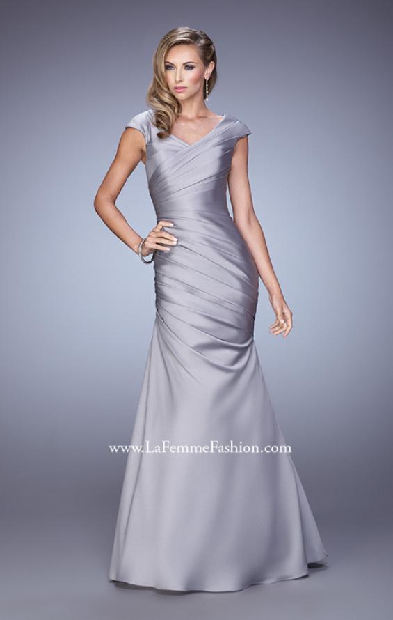 Picture of: V Neck Satin Evening Dress with Cap Sleeves in Silver, Style: 21610, Detail Picture 2