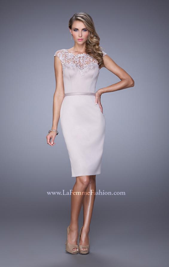 Picture of: Stretch Satin Dress with Intricate Lace Detailing in Champagne, Style: 21619, Main Picture