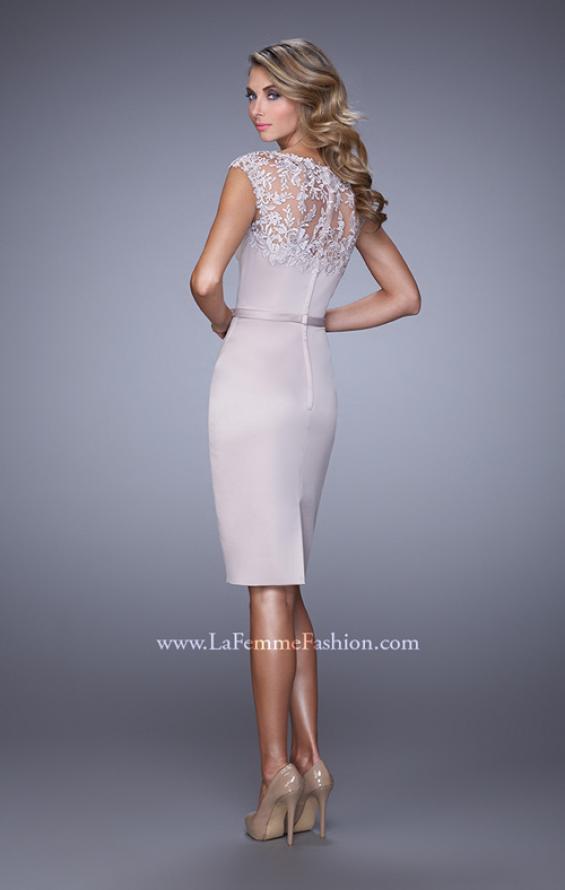 Picture of: Stretch Satin Dress with Intricate Lace Detailing in Champagne, Style: 21619, Back Picture