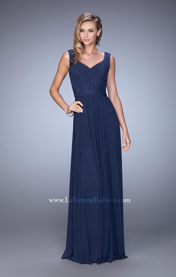 Picture of: V Neck Evening Dress with Jewel Adorned Bodice in Navy, Style: 21624, Main Picture