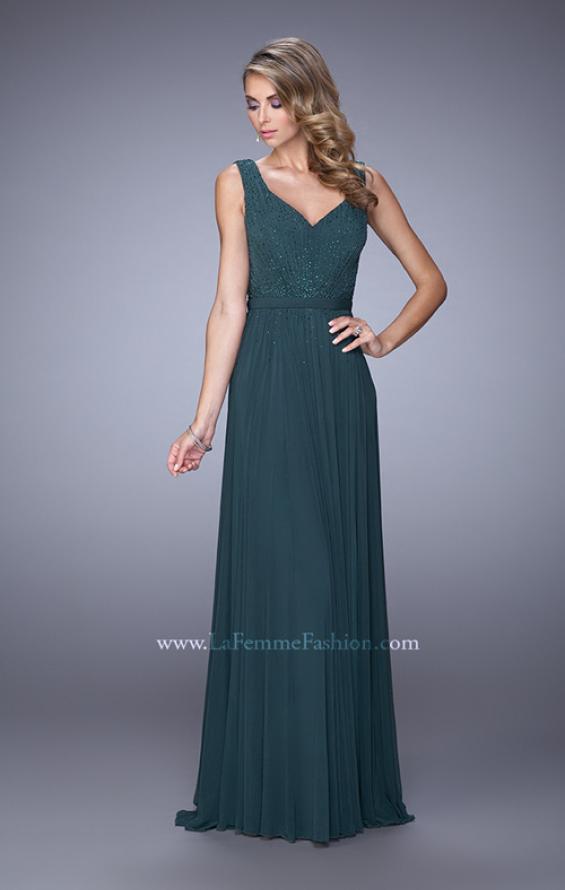 Picture of: V Neck Evening Dress with Jewel Adorned Bodice in Emerald, Style: 21624, Detail Picture 1
