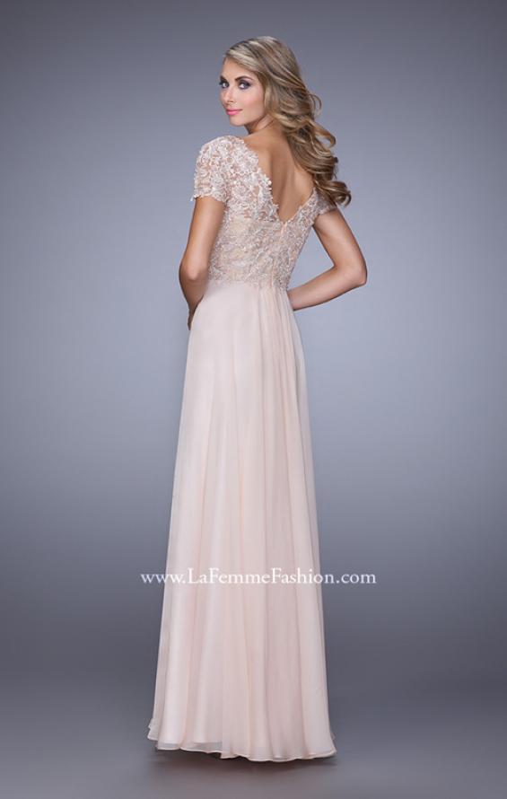 Picture of: Short Sleeve Evening Dress with Lace Overlay Bodice in Pink, Style: 21632, Back Picture