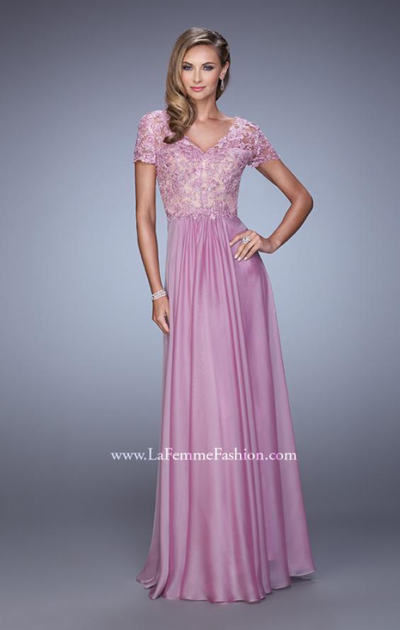 Picture of: Short Sleeve Evening Dress with Lace Overlay Bodice in Pink, Style: 21632, Detail Picture 1