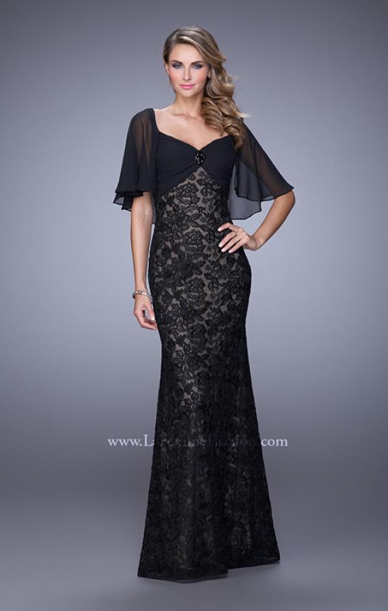 Picture of: Lace Dress with Sheet Flutter Sleeves and Gemstone Accent in Black, Style: 21639, Main Picture
