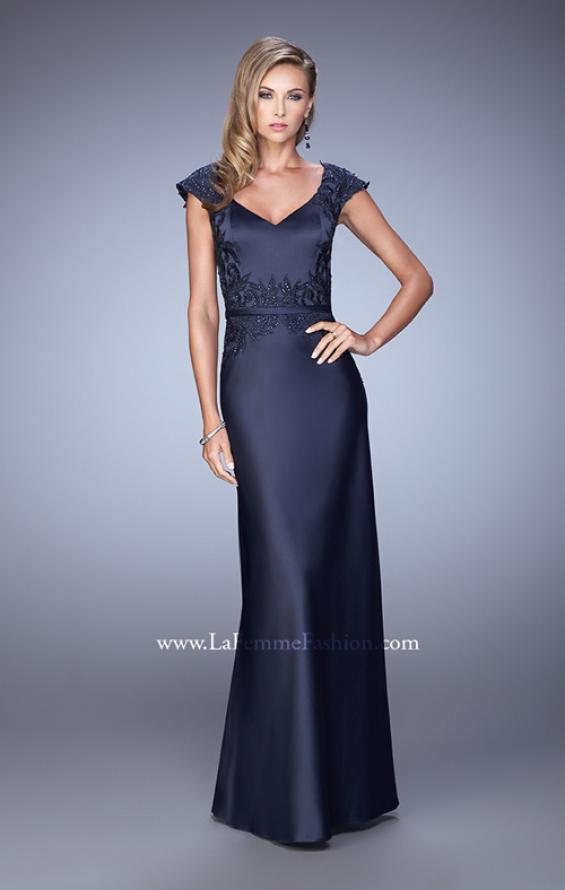 Picture of: V Neck Evening Dress with Cap Sleeves and Thin Belt in Navy, Style: 21652, Detail Picture 1