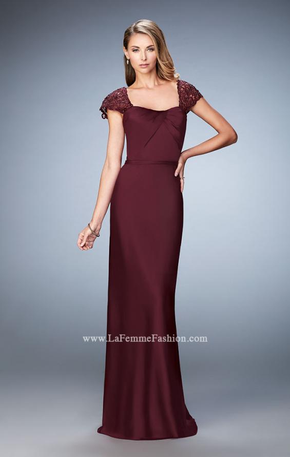 Picture of: Embroidered Sleeves Evening Dress with Belt Detail in Burgundy, Style: 21654, Detail Picture 2