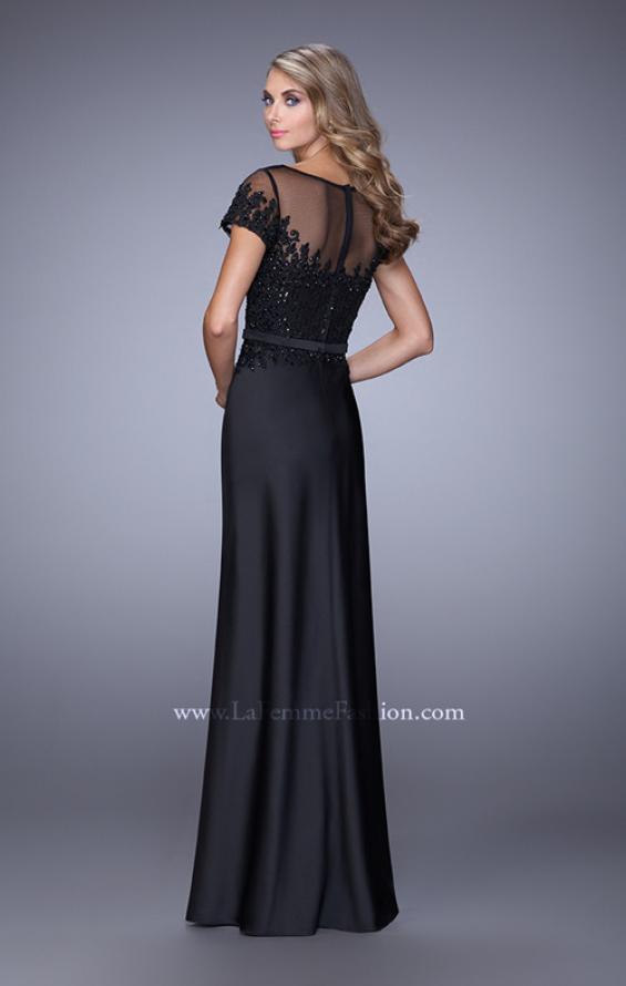 Picture of: Lace Trim Evening Dress with Sheer Back and Thin Belt in Black, Style: 21662, Back Picture