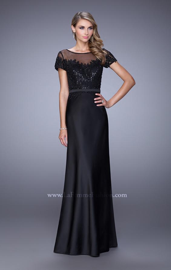 Picture of: Lace Trim Evening Dress with Sheer Back and Thin Belt in Black, Style: 21662, Detail Picture 1