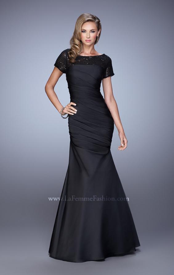 Picture of: Sheer Short Sleeve Satin Dress with Scoop Neckline in Black, Style: 21670, Main Picture