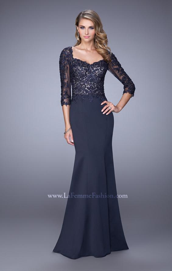 Picture of: Satin Mermaid Dress with Beading and 3/4 Sleeves in Blue, Style: 21673, Main Picture