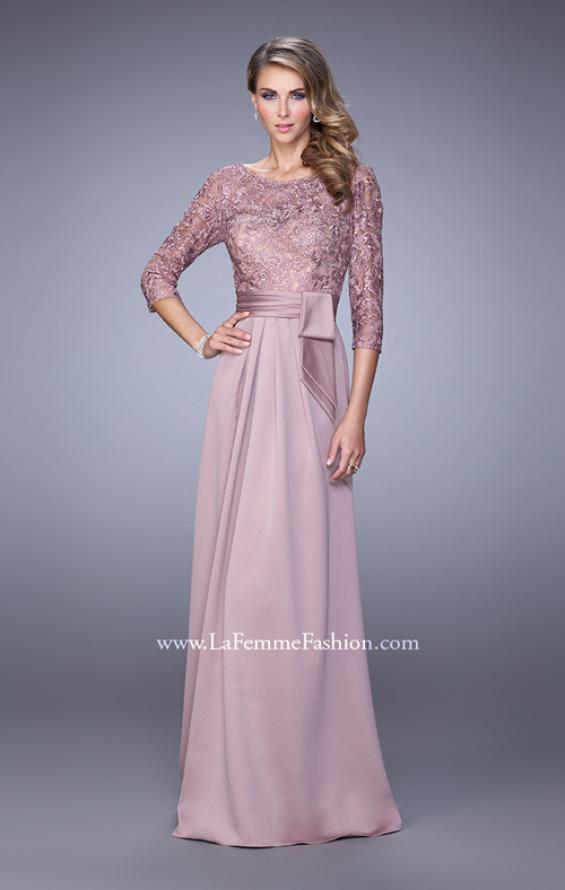 Picture of: 3/4 Sleeve Satin Evening Dress with Beaded Lace Bodice in Pink, Style: 21676, Main Picture