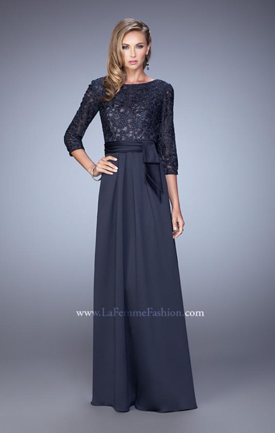 Picture of: 3/4 Sleeve Satin Evening Dress with Beaded Lace Bodice in Blue, Style: 21676, Detail Picture 1