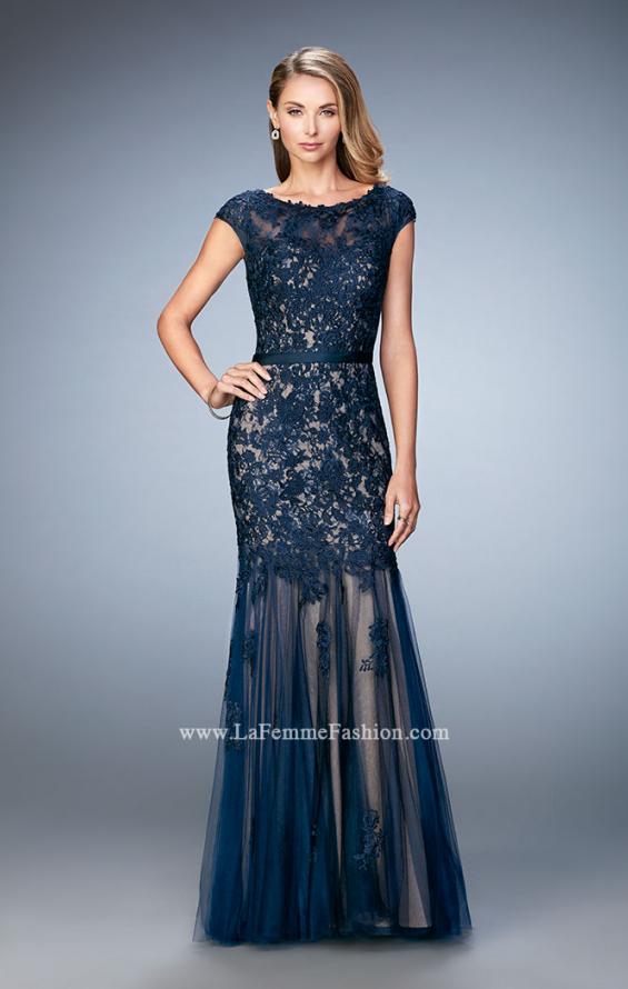 Picture of: Lace and Tulle Dress with Sheer Lace Capped Sleeves in Blue, Style: 21677, Detail Picture 1