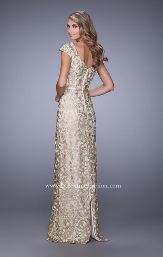 Picture of: Metallic Lace Gown with Cap Sleeves and Satin Belt in Gold, Style: 21680, Back Picture