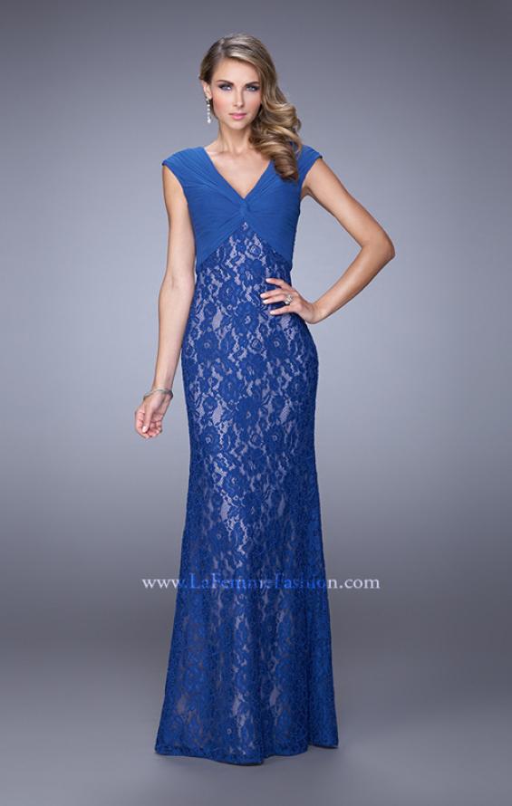 Picture of: Unique Lace Dress with Cap Sleeves and Ruching in Blue, Style: 21681, Main Picture