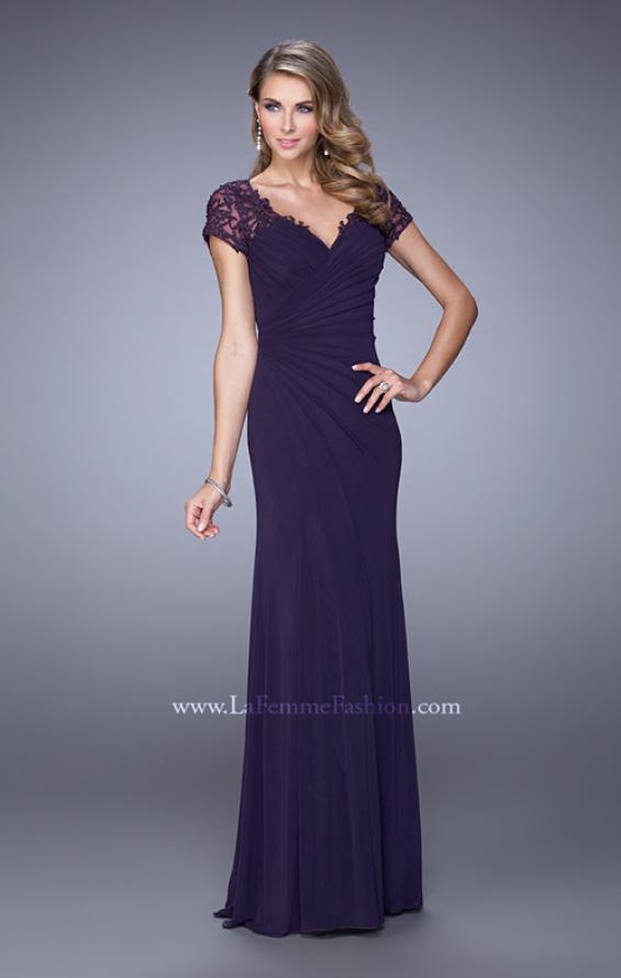 Picture of: Sheer Embroidered Short Sleeve Dress with Rhinestones in Purple, Style: 21690, Main Picture