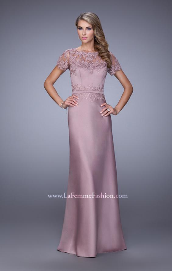 Picture of: Satin Dress with Sheer Sleeves, Belt, and Lace Trim in Pink, Style: 21701, Main Picture