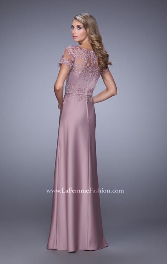 Picture of: Satin Dress with Sheer Sleeves, Belt, and Lace Trim in Pink, Style: 21701, Back Picture