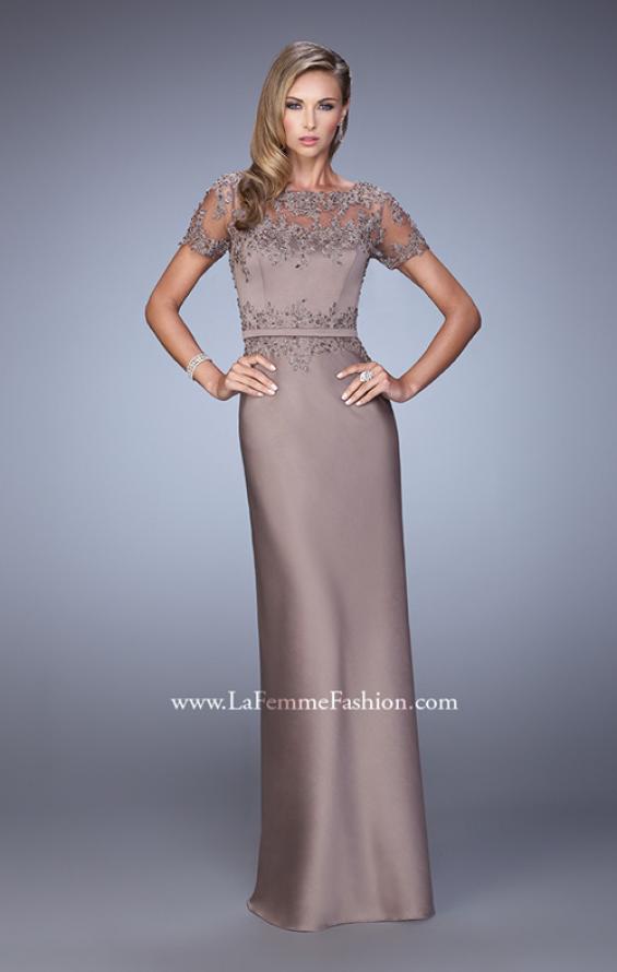 Picture of: Satin Dress with Sheer Sleeves, Belt, and Lace Trim in Brown, Style: 21701, Detail Picture 1