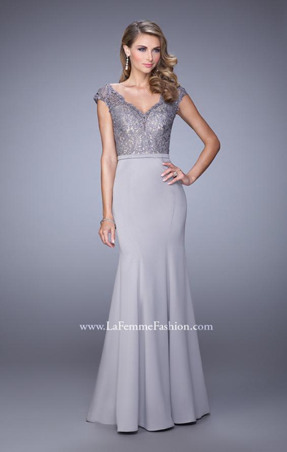 Picture of: Satin Dress with Mermaid Skirt and Lace Cap Sleeves in Silver, Style: 21702, Main Picture