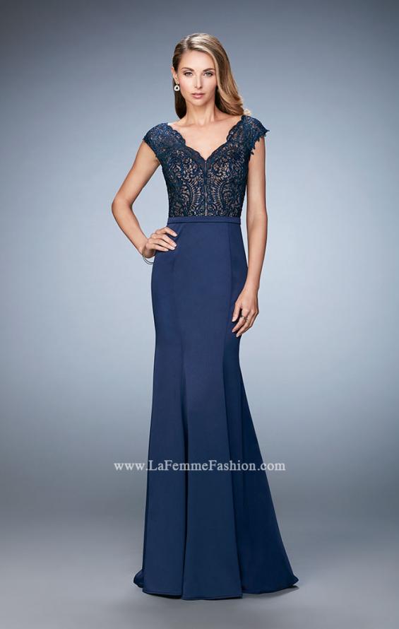 Picture of: Satin Dress with Mermaid Skirt and Lace Cap Sleeves in Blue, Style: 21702, Detail Picture 2