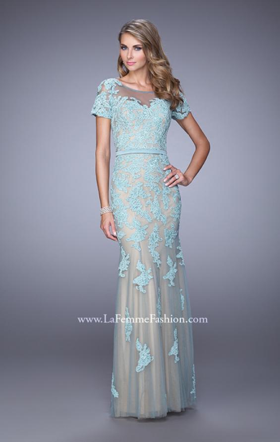 Picture of: Short Sleeve Dress with Lace Appliques and Keyhole Back in Blue, Style: 21703, Main Picture