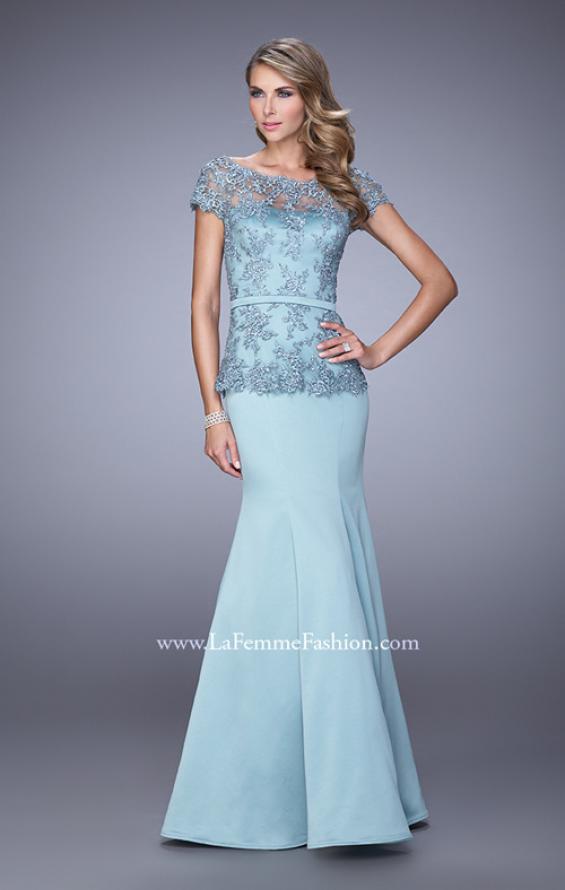 Picture of: Satin Mermaid Dress with Sheer Lace Overlay and Belt in Blue, Style: 21706, Main Picture