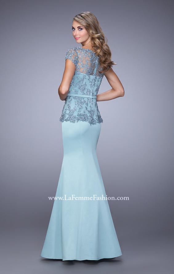 Picture of: Satin Mermaid Dress with Sheer Lace Overlay and Belt in Blue, Style: 21706, Back Picture