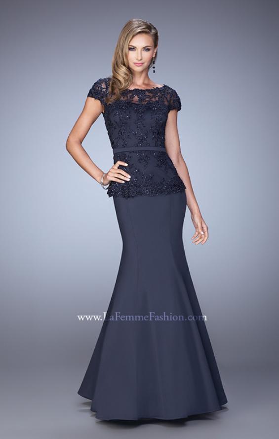 Picture of: Satin Mermaid Dress with Sheer Lace Overlay and Belt in Blue, Style: 21706, Detail Picture 2