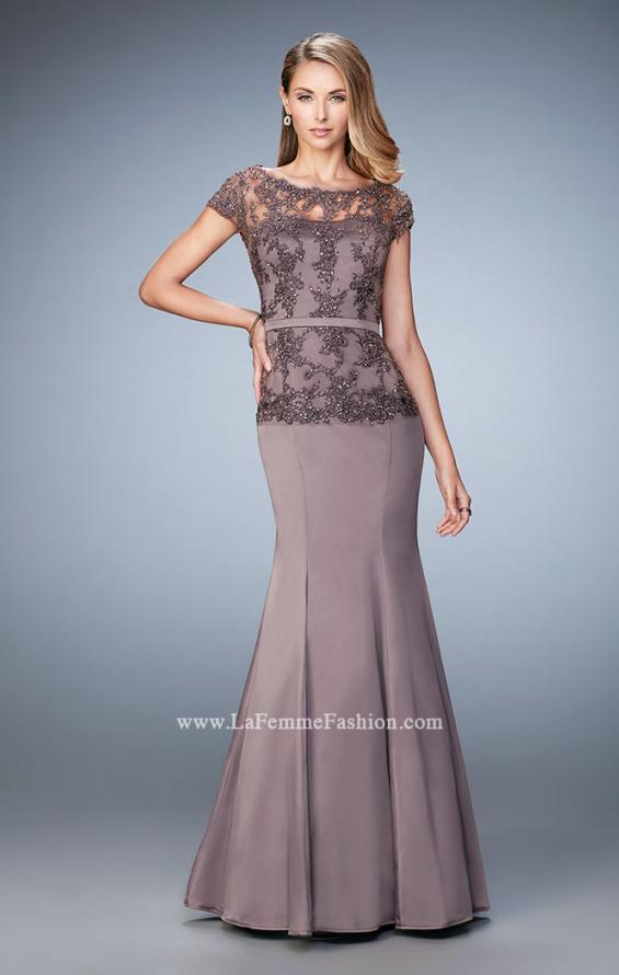 Picture of: Satin Mermaid Dress with Sheer Lace Overlay and Belt in Brown, Style: 21706, Detail Picture 3