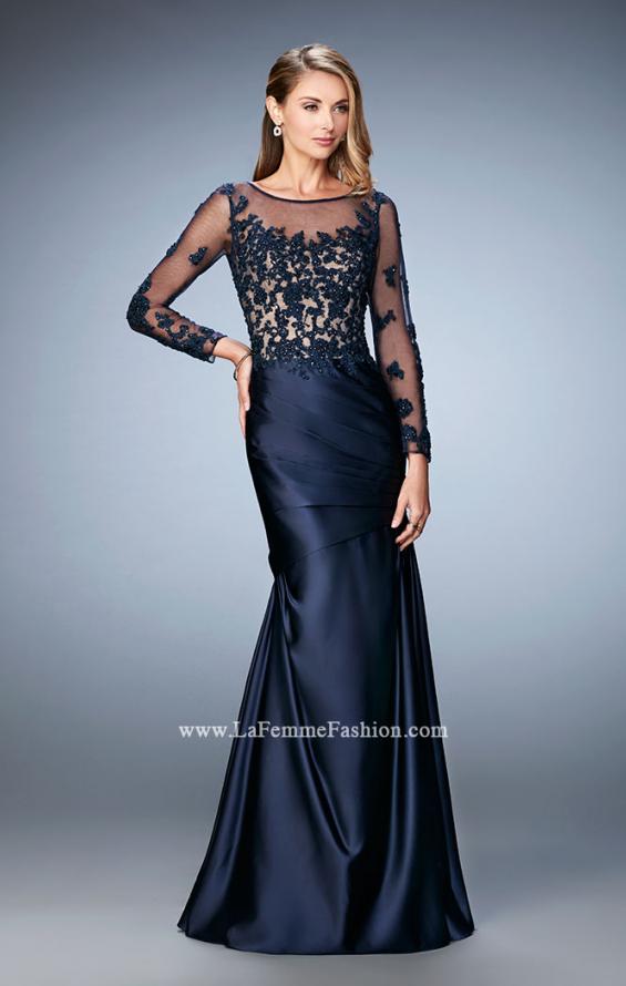 Picture of: Satin Dress with Long Sheer Net Sleeves and Beading in Blue, Style: 21708, Main Picture